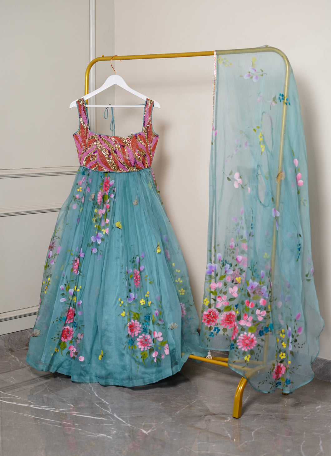 Hand-painted Wildflower Teal Lehenga