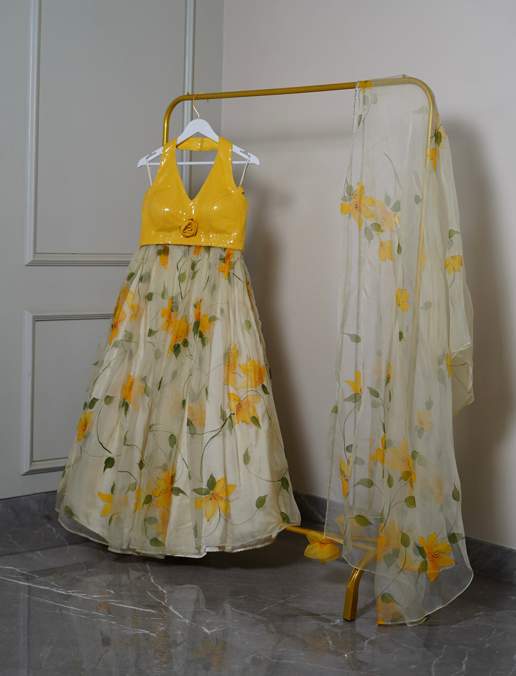 Hand-painted Yellow Lily Lehenga